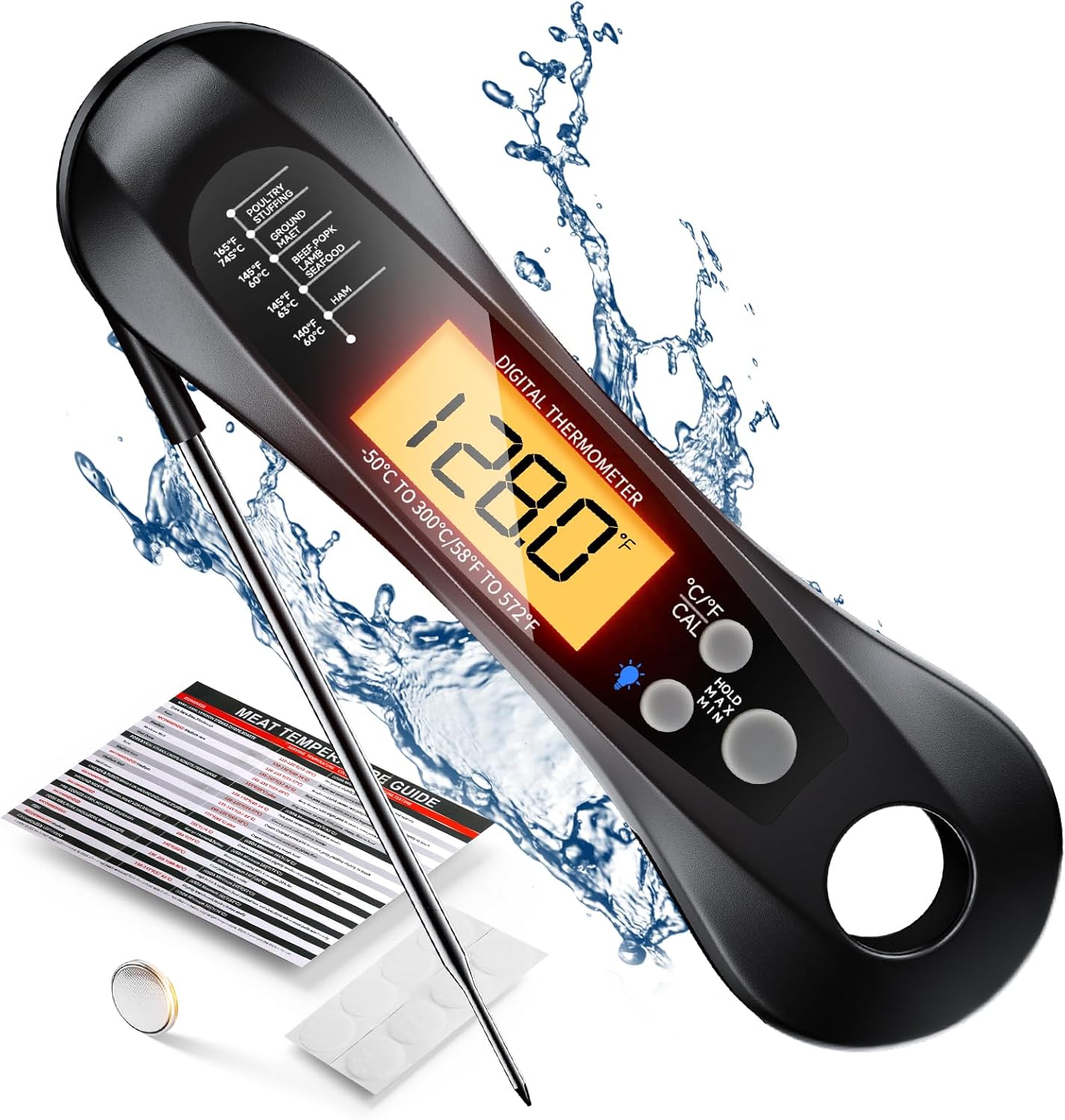 Digital Thermometer Probe - เครื่องวัดอุณหภูมิเนื้อสัตว์แบบอ่านทันทีแบบดิจิตอลพร้อมหัววัดแบบพับได้ จอแสดงผล LED - สําหรับการย่าง ทําอาหาร