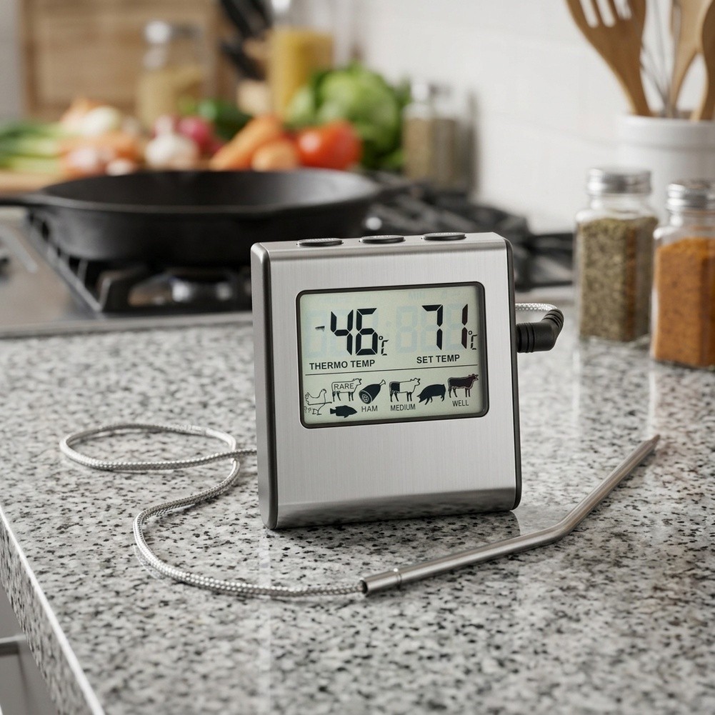 Digital Thermometer Probe - เทอร์โมมิเตอร์วัดอุณหภูมิเนื้อแบบดิจิตอล LCD พร้อมหัววัดสแตนเลสและตัวตั้งเวลา สำหรับการย่าง อบ และทำอาหาร