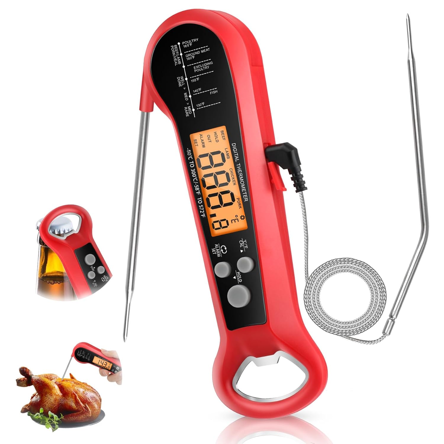 Digital Thermometer Probe - เทอร์โมมิเตอร์วัดอุณหภูมิเนื้อแบบดิจิตอลสำหรับมืออาชีพ กันน้ำ พร้อมหัววัด 2 หัว สายยาว